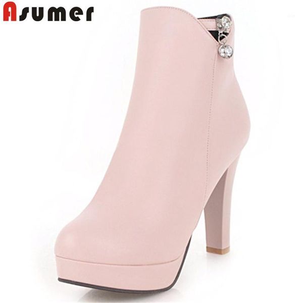 

boots asumer big size 34-43 fashion autumn winter round toe zip ankle for women high heels platform ladies shoes1, Black