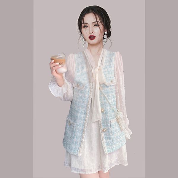 

temperament fashion small fragrance suit skirt 2021 sweet super fairy dress design sense pearl vest two-piece set, Black;gray