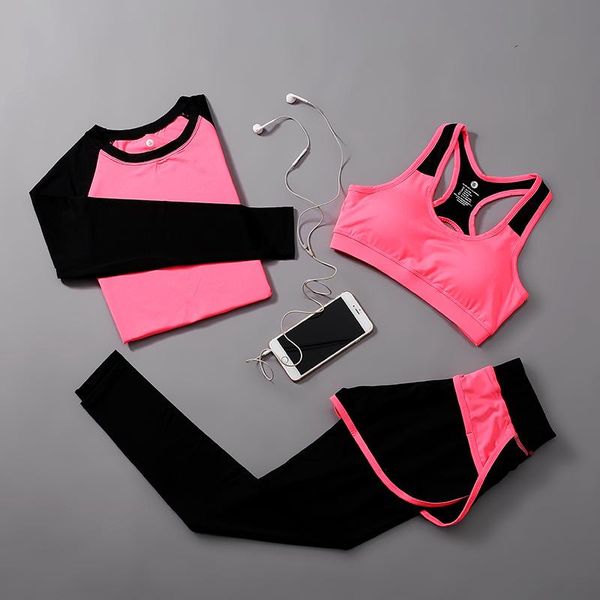 

two piece dress spring three-piece bra long sleeve t-shirt suit nine-minute pants lady fitness, White