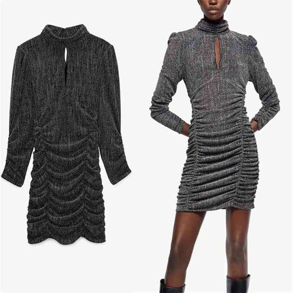 

vintage metallic thread short dress women long sleeve ruched party es woman fashion high collar back opening 210524, Black;gray