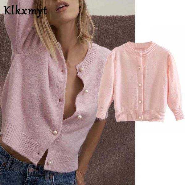 

klkxmyt za women sweet pink pearl buttons cropped knitted cardigan sweater vintage long sleeve female outerwear chic 210527, White
