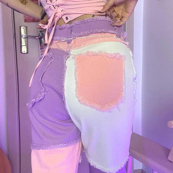 

women's jeans 2021 hip hop autumn blue/pink patchwork women high waist straight ladies trousers female denim for woman