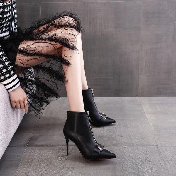 

boots gold bird belt buckle thin heel fashion women's fall / winter 2021 versatile plush black front zipper