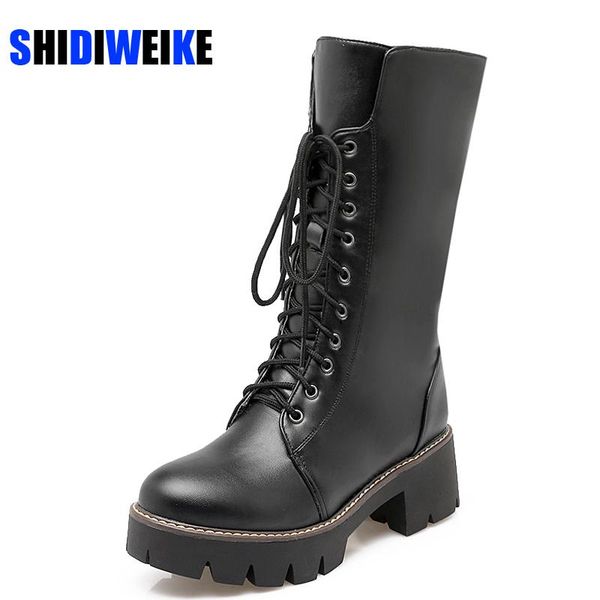 

boots fashion women warm square heels shoes lace-up casual long booties winter female snow large size 43 ab999, Black