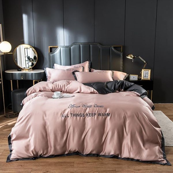 

bedding sets luxury set king 4pcs silky quilt cover with flat sheet tencel pink white bed embroidery home textiles