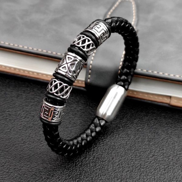 

punk men jewelry leather weaving bracelet black hollow viking stainless steel great wall bead fashion men's charm bracelets, Golden;silver