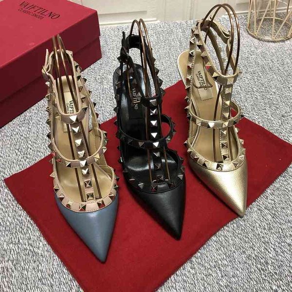 

sandals 2021 brand high sandals v right rivets black leather women wedding shoes 10cm thin heel pointed toe size34-43 07mm