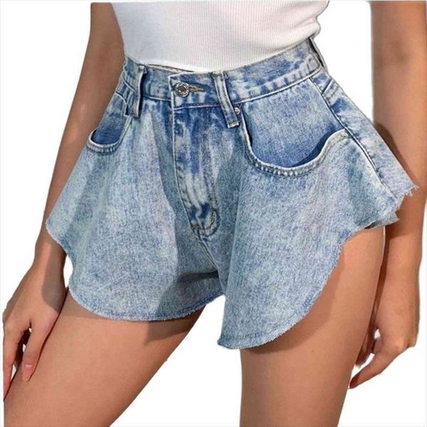 

casual denim skirts womens short high waist ruffle hem loose ruched pants female fashion clothing spring tide, White;black