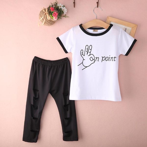 

clothing sets 2 pieces baby girls kids short sleeve t-shirt ripped pants outfits 2pcs clothes set, White
