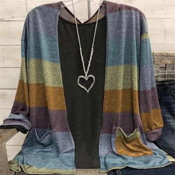 

women's jackets women spring autumn colorful striped print patchwork cardigan coat vintage long sleeve pocket loose female outerwear, Black;brown