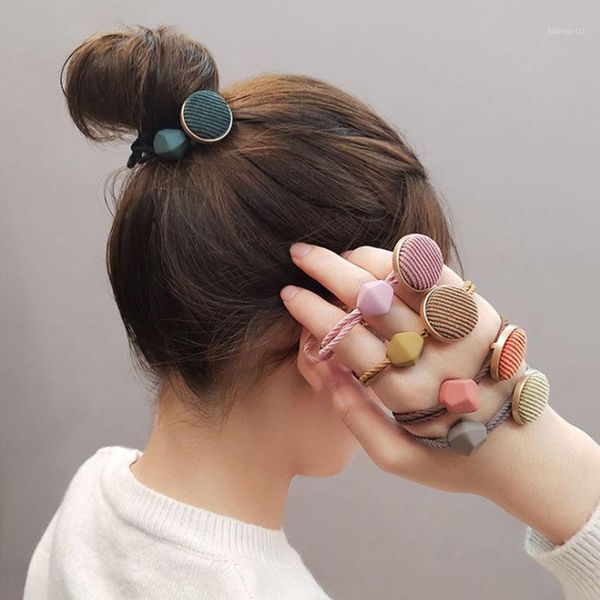 

korean style selling fashion arrival hair band acrylic geometric round buttons rings elastic girl bun maker1, Brown