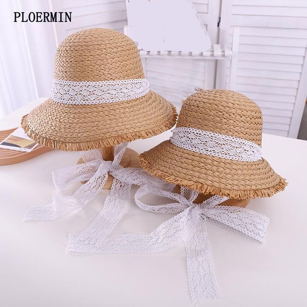 

summer simple fashion straw hats for women wide brim hat white lace ribbon lace-up beach caps parent-child anti-uv sun, Blue;gray