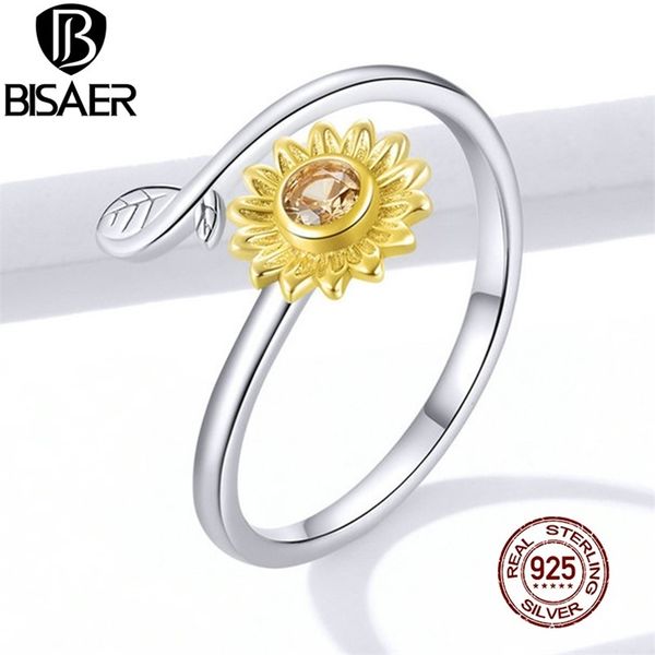 

bisaer daisy flower ring 925 sterling silver adjustable open yellow zircon finger rings for women gift jewelry efr127 211217, Slivery;golden