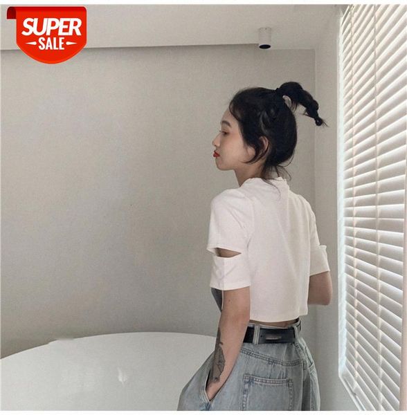 

new korean version of short-sleeved white blouse women loose hole solid color short bottoming shirt t-shirt trend #i16k