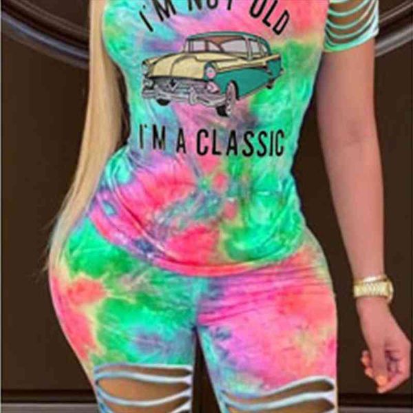 

summer im not old im a classic letter print women short sets plus size ribbon sleeves tie dye tee t, Gray