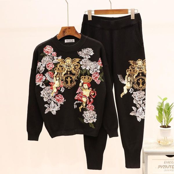 

two piece dress spring fashion black gray knitted set women tracksuit sequins flowers long sleeve sweater + pencil pants female casual knit, White