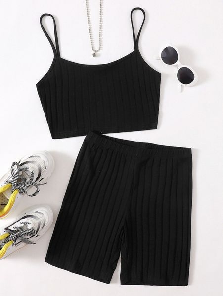 

ribbed cropped cami & biker shorts set f48j#, White