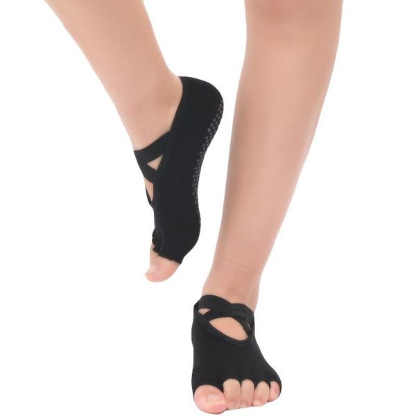 

sports socks women yoga anti-slip five fingers backless cross bandage silicone non-slip toeless ballet gym fitness, Black