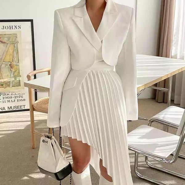 

two piece dress casual white set for women notched long sleeve blazer high waist irregular hem skirt female korean sets