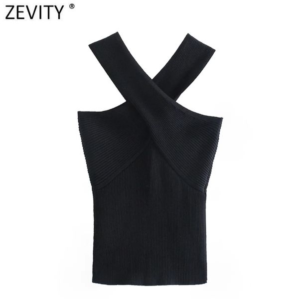 

zevity women chic cross strap black knitting camis tank high street ladies summer slim crop sw835 210623, White
