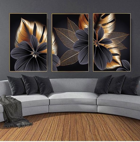 

paintings nordic living room decoration picture black golden plant leaf canvas poster print modern home decor abstract wall