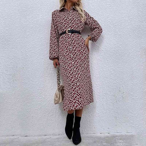 

autumn cherry print lapel womens dress long sleeve single breasted shirt for ladies fashion all match high waist, Black;gray