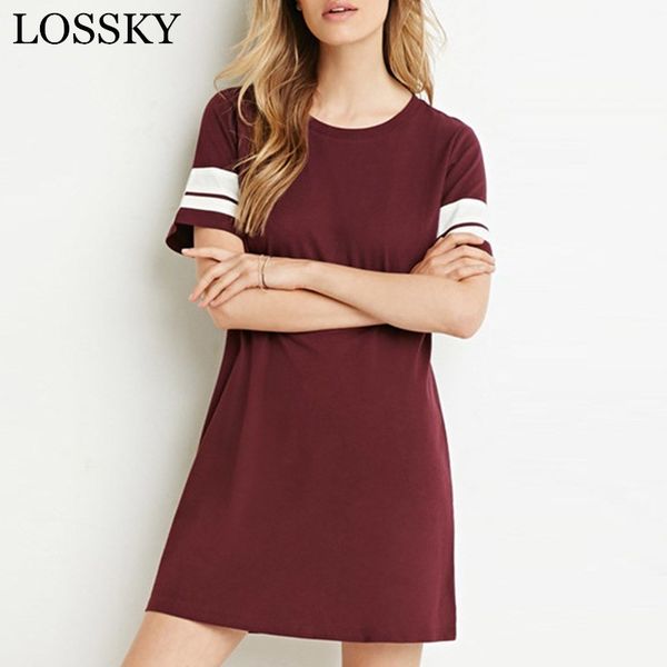 

summer t-shirt mini dress round neck short sleeve casual loose basic leisure beach vestidos wine red black es 210520, Black;gray