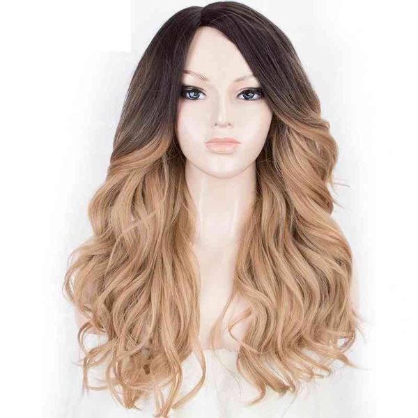 

wig 2021 new women's gradient medium length curly hair, Black;brown