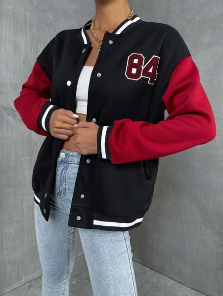 

number patch detail drop shoulder colorblock bomber jacket 43rb#, Black;brown