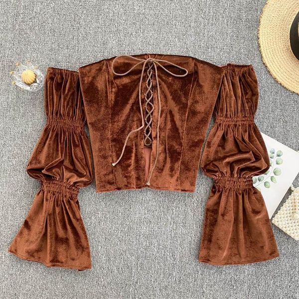 

women's blouses & shirts b619 women fashion autumn slash neck long flare sleeve velvet shirt solid color short sweet blouse, White