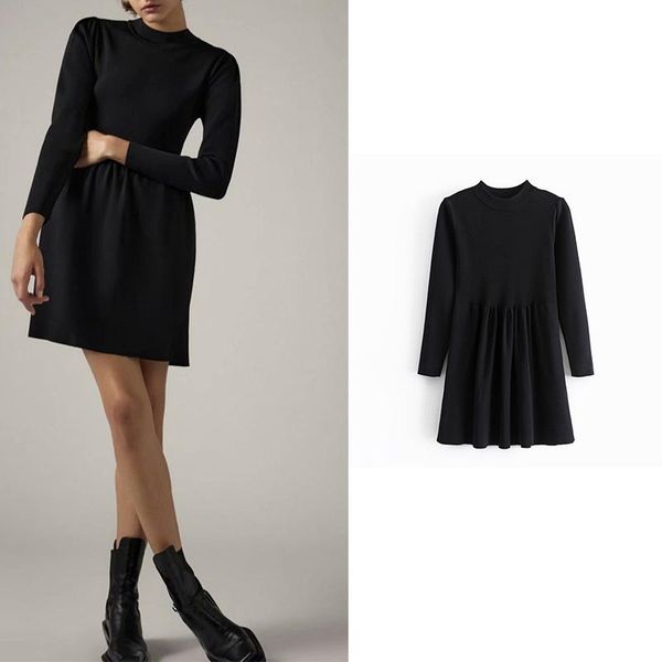 

casual dresses fall short knit dress for women with long sleeves round neck rib sweater and mini pullover, Black;gray