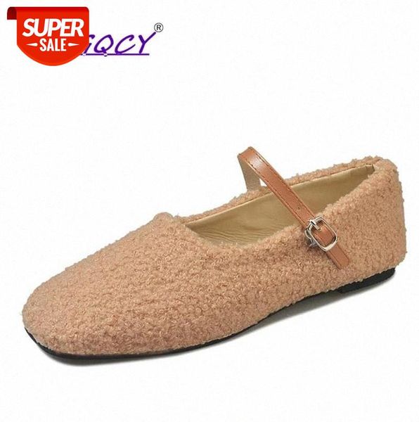 

wool flat women shoes 2019 spring autumn shoes concise square toe buckle strap casual female beige slip-on flat #b72k