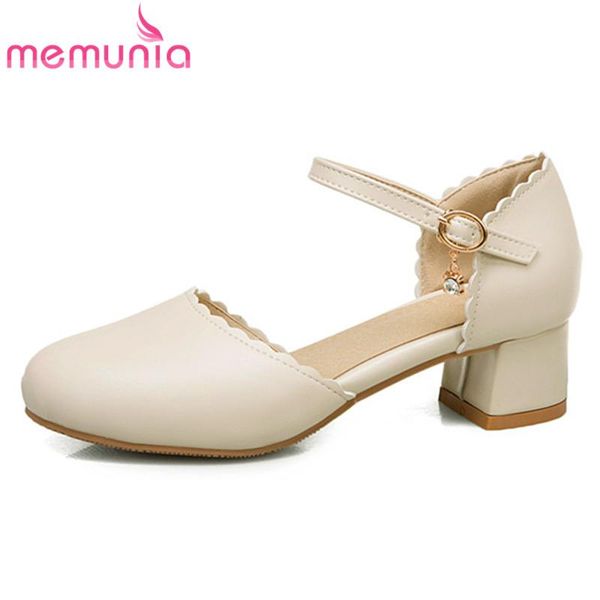 

dress shoes memunia 2021 arrive single women pumps pu round toe buckle spring summer square heel sweet casual ladies, Black
