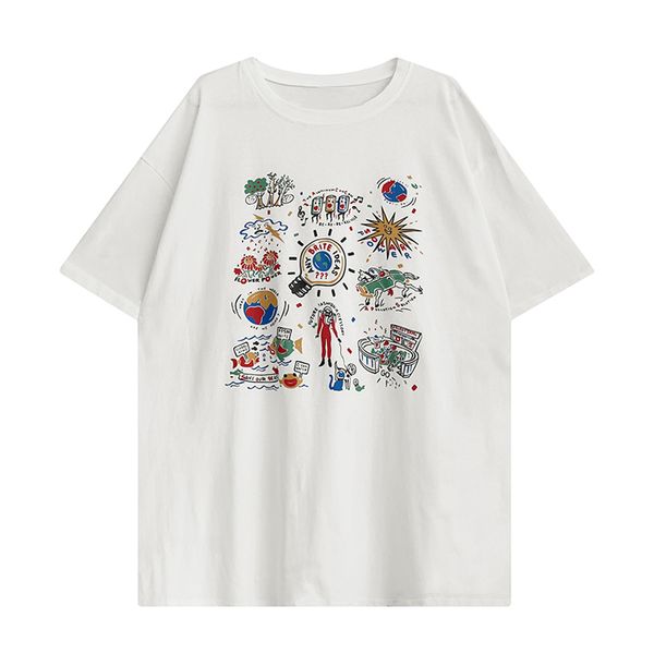 

women white o neck print t-shirt loose short sleeve cotton summer b0548 210514