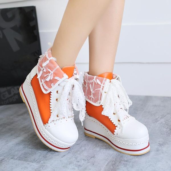 

boots us4-16 cute womens lace up platform round toe ankle wedge high heels lolita sweet shoes 4colors plus size 34-48, Black