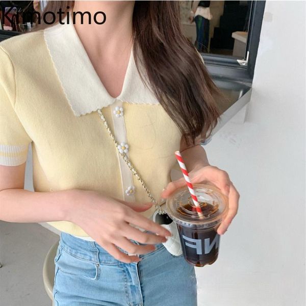 

women's knits & tees kimotimo summer short sleeve sweater women korean sweet turn-down collar knitted 2021 color contrast cropped cardi, White