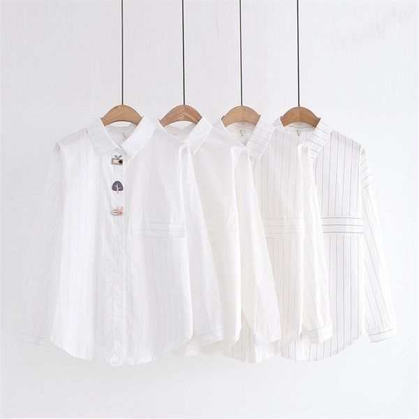 

hsa placket 3d cartoon embroidered button long sleeve loose female work blouses women blouse turn-down collar shirt 210430, White