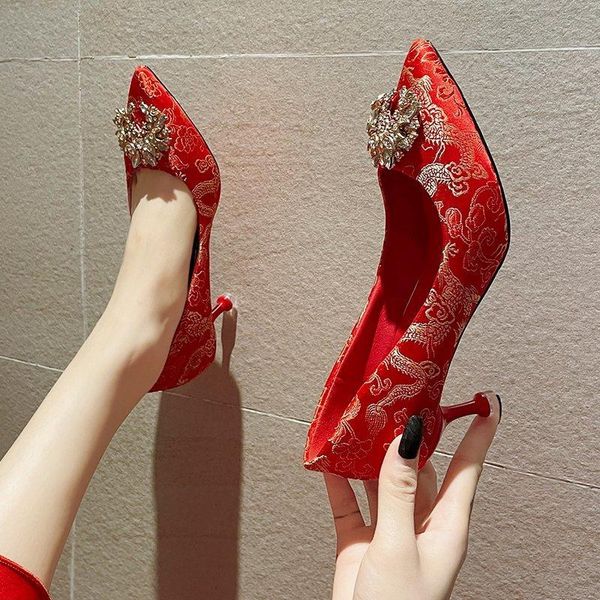 

chinese style wedding shoes red dragon and phoenix buckle bride high heels female thin heel not tired feet dress, Black
