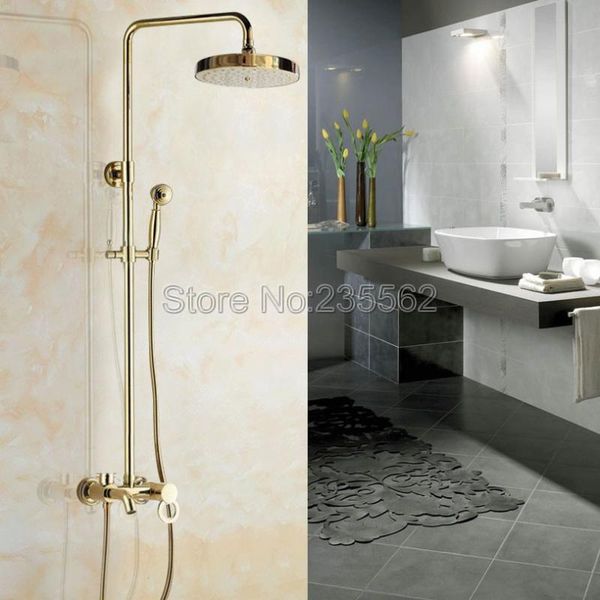 

luxury bathroom shower rainfall style faucet set with gold color brass wall mounted bathtub mixer tap + hand spray lgf405 sets