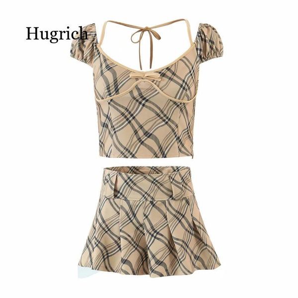 

spring women's skirt set retro fashion shows thin plaid lace-up small vest + half-length 2-piece skirts, Black