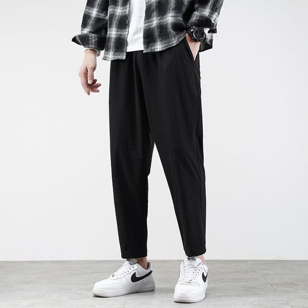 

nylon four-side elastic compound plus velvet casual trousers straight tube autumn and winter men thickened slim korean version men's pa, Black