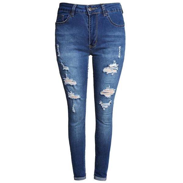

men's jeans elastic slim legged pants personality hole light blue trend