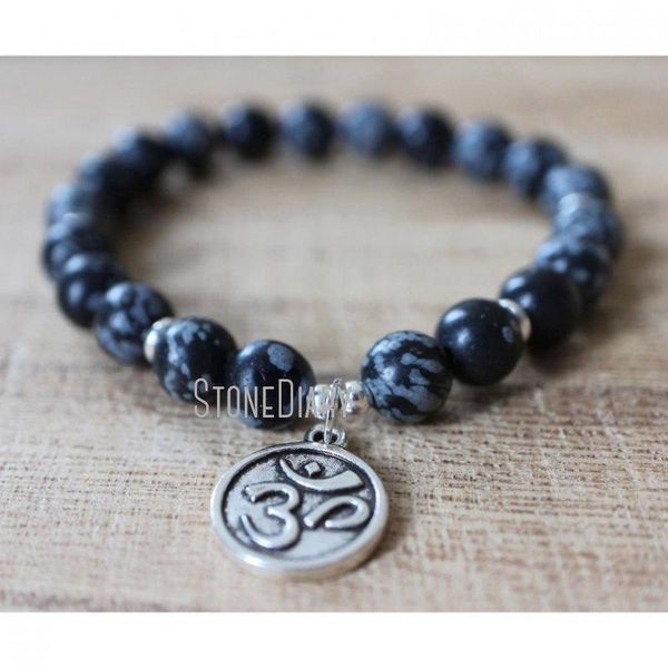 

beaded, strands wmb36747 snowflake obsidian mala bracelet om pendant for shielding against negativity brings balance releases negative patte, Black