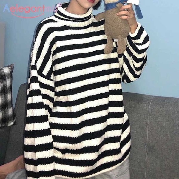 Aelegantmis Turtleneck Preto Branco Striped Sweater Mulheres Oversize Coreano Bonito Kawaii Solto Boyfriend Pullover Jersey Mujer 210607