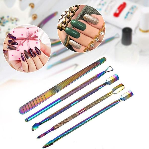 

cuticle pushers 6 style rainbow stainless steel nail pusher tweezer art files uv gel polish remove manicure care groove cleantool