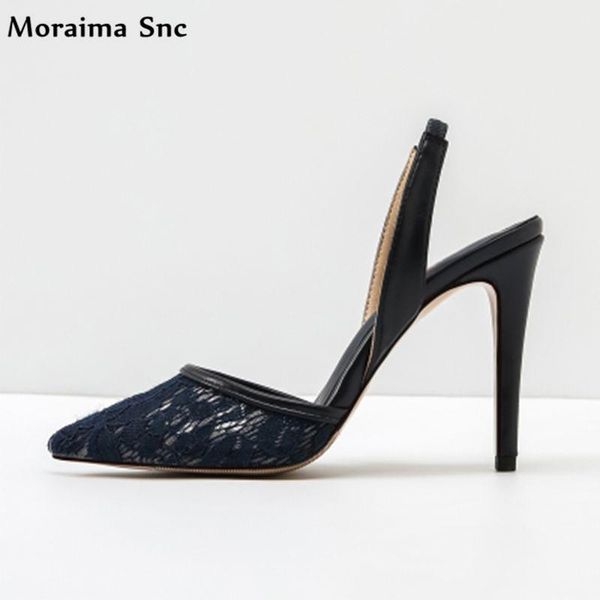 

moraima snc est women sandals fretwork pointed toe mixed colors nets shape thin high heel shallow slip-on casual shoes, Black