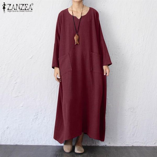 

oversized zanzea maxi long dress women 2021 female sleeve vestidos casual solid robe femme 5xl autumn v neck sundress dresses, Black;gray