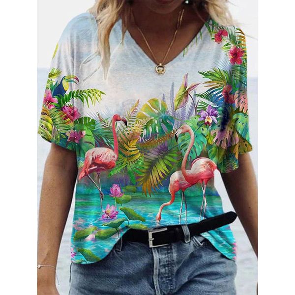 

women's 3d crane print polyester t-shirt oversized loose short sleeve v-neck t-shirt casual streetwear summer basic t-shirt 5xl, White