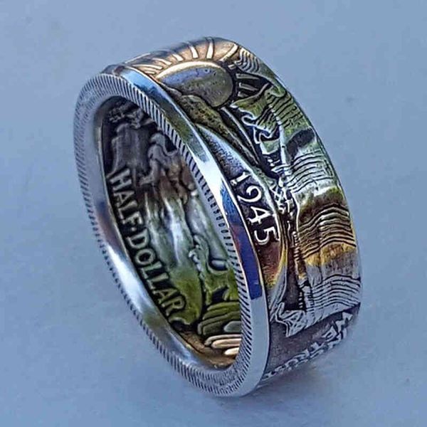 

designer rings antique gold colour handmade coin vintage fashion morgan half dollar 1945 carved the ring in god we trust jewelry, Golden;silver