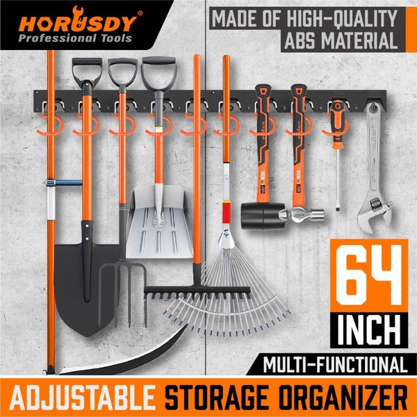 

tool organizers horusdy 64 inch adjustable storage system, wall mount organizer, hangers for mop and broom holder shovel, rake, broom,